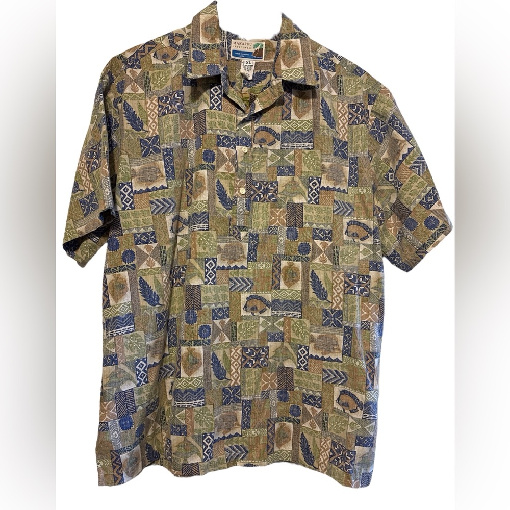 Makapuu Sportswear Hawaiian Men's Green and Blue Patterned Shirt XL